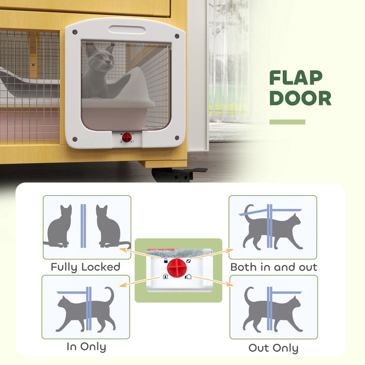 PawHut Cat Condo Wooden Indoor Cat House on Wheels with Cat Flap Door Platforms Hammock Openable Top for 2 Cats, Light Grey