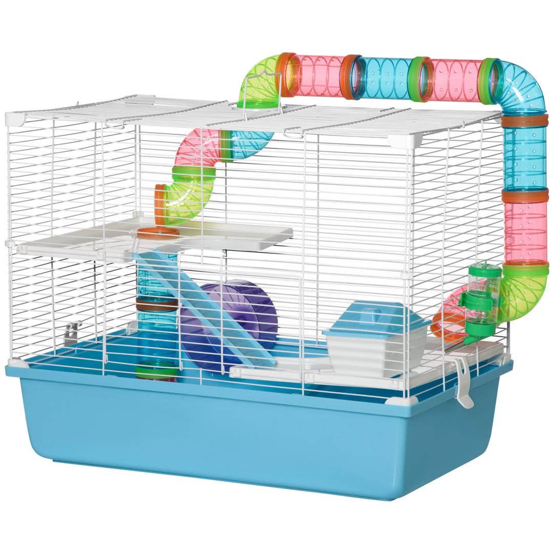 PawHut 3-Tier Large Toy-Filled Steel Small Animal Cage, Includes Exercise Wheel, Water Bottle, Food Dish, Blue