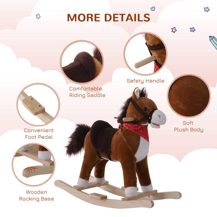 Qaba Kids Plush Ride On Rocking Horse Child Animal Adventure Rocker Chair Playtime Toy with Sound Scarf Included Red Brown