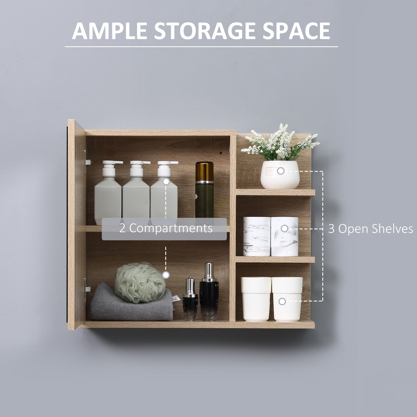 kleankin Medicine Cabinet with Mirror, Wall Mounted Bathroom Mirror Cabinet, Bathroom Wall Cabinet with 3 Open Shelves, Natural