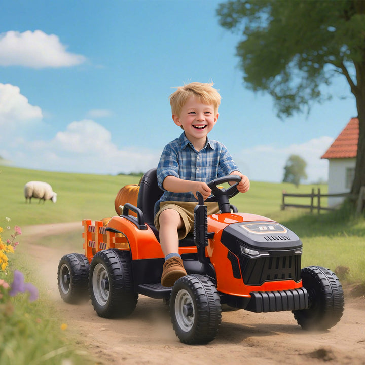 Qaba 12V Kids Ride On Tractor with Trailor, Remote Control, Music, Lights, Shifter, for Kids Ages 3-8 Years, Blue