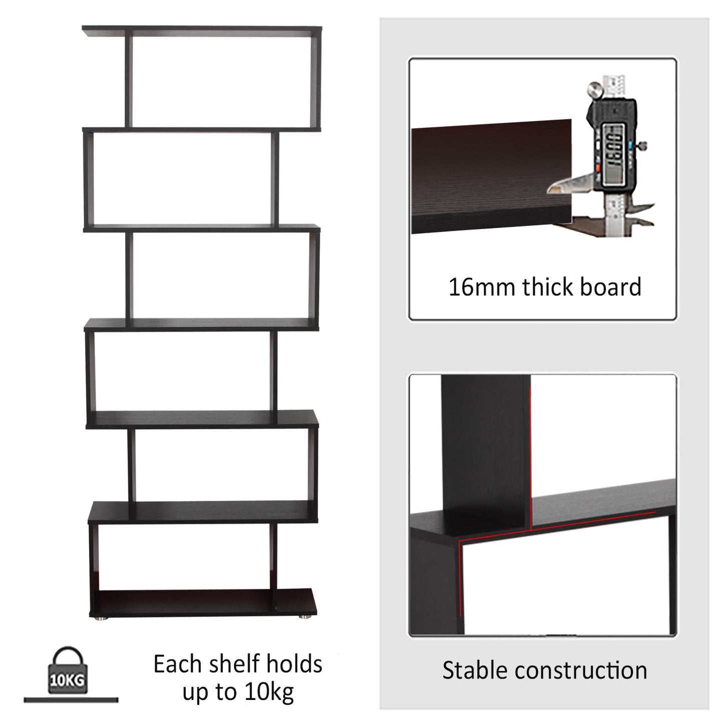 HOMCOM Wooden S Shape Bookcase 6 Shelves Storage Display Home Office Furniture