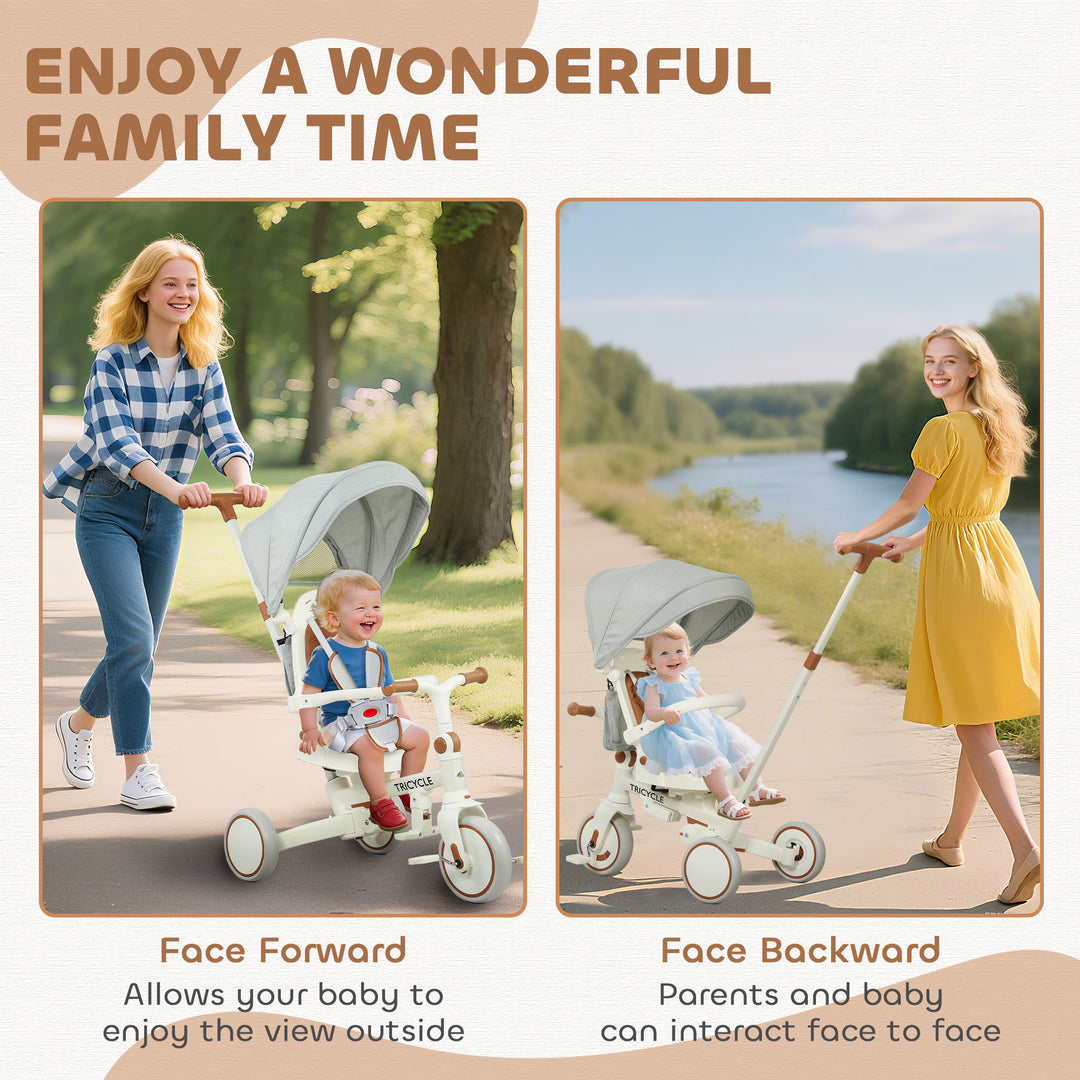 Qaba 7 in 1 Toddler Tricycle with Safety Harness, Adjustable & Removable Parent Handle, Canopy, Storage Bag, Brake, Pink