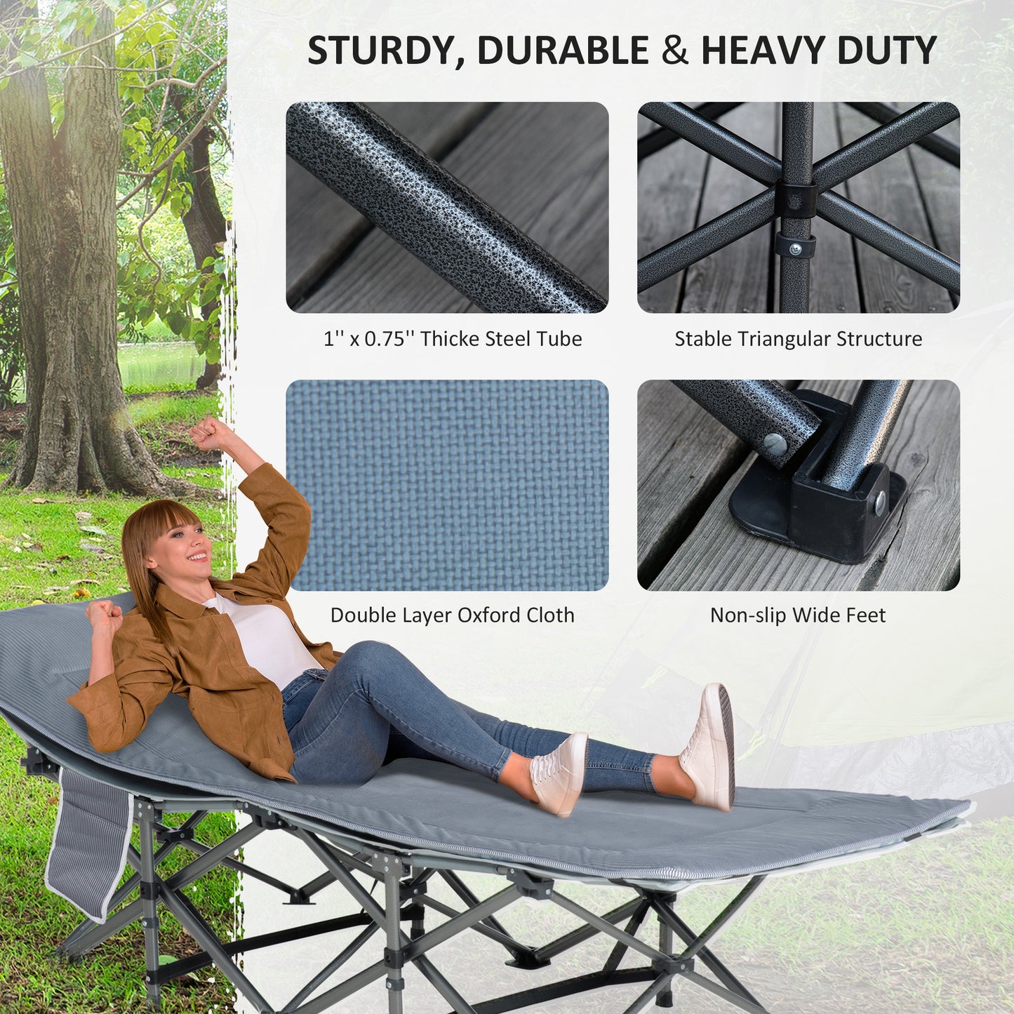 Outsunny Folding Camping Cot with Mattress & Pillow, Double Layer Oxford Heavy Duty Sleeping Cot with Carry Bag Light Grey