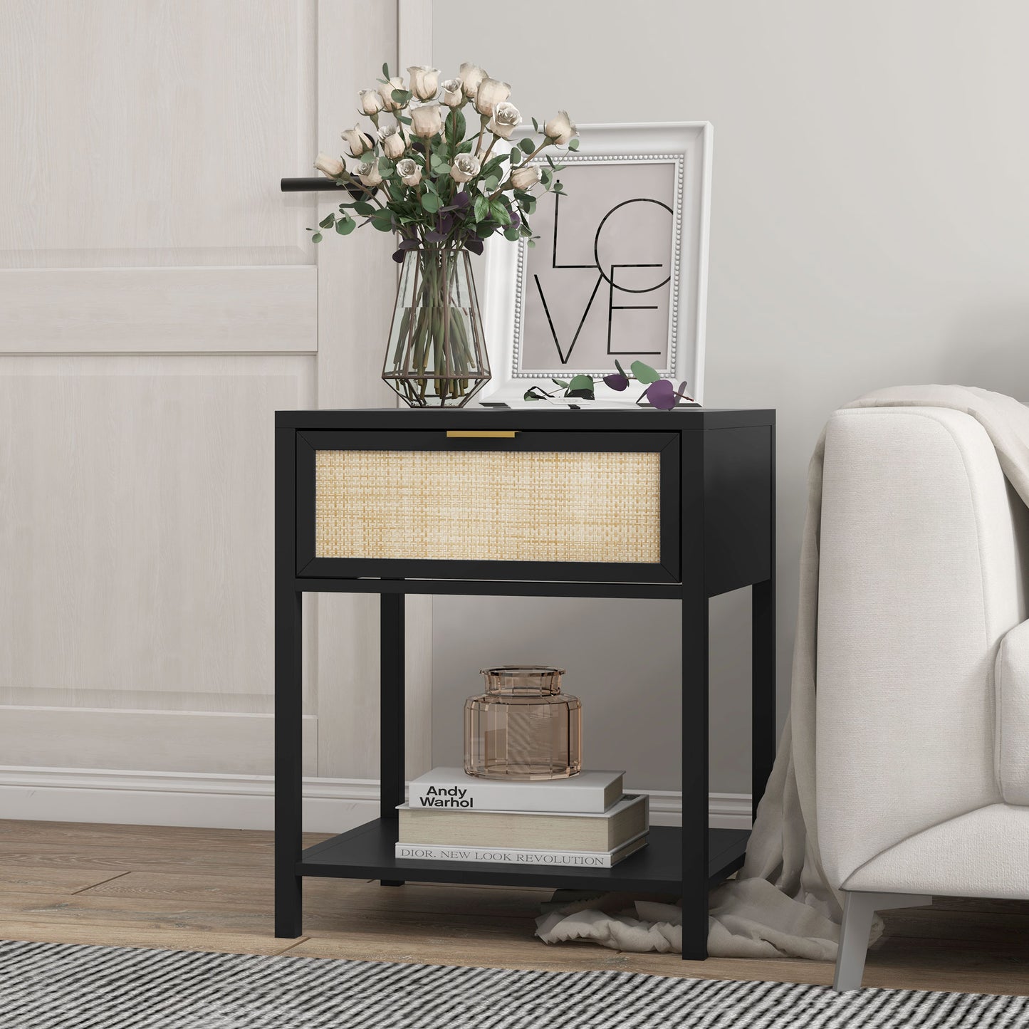 HOMCOM Boho Nightstand, Bedside Table with Rattan Drawer and Open Shelf, Side End Table for Bedroom, Living Room