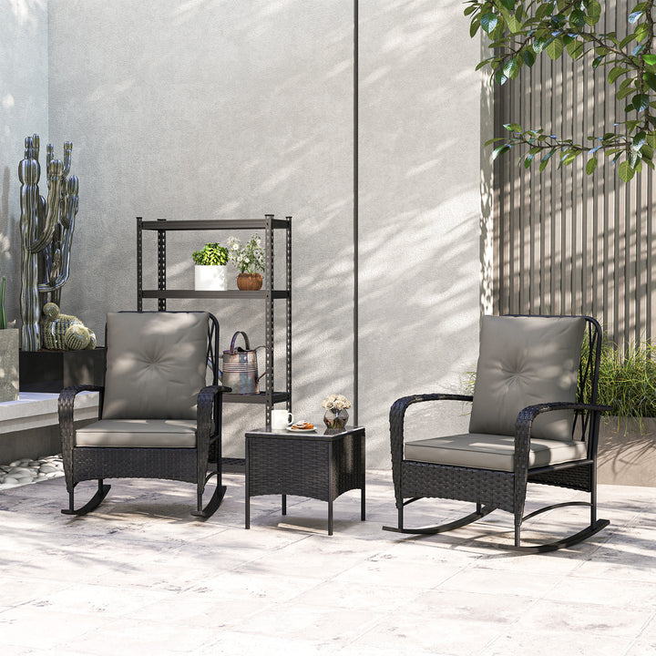Outsunny 3 Pieces Rattan Bistro Set, Wicker Patio Furniture with Rocking Chairs, Thick Cushions for Porch Balcony, Grey