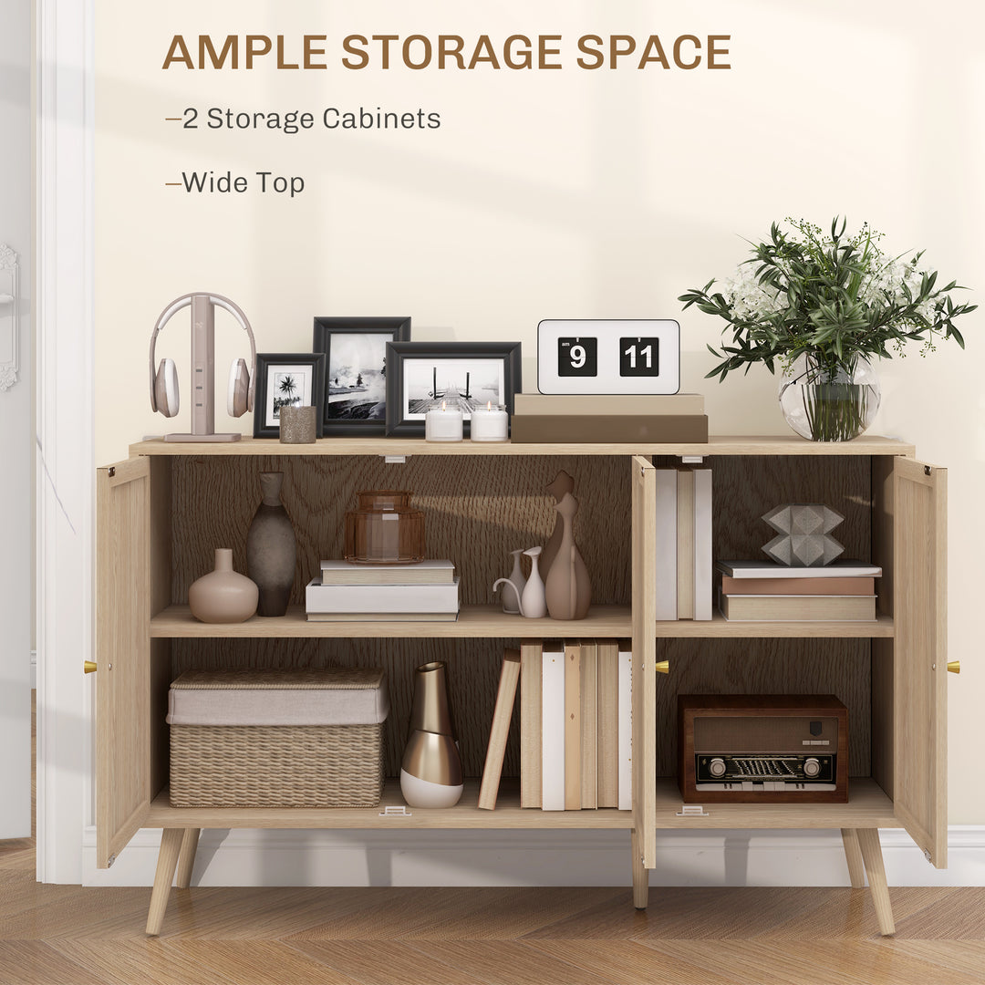 HOMCOM Kitchen Sideboard Cabinet, Boho Storage Cabinet with Shelves, Wood Legs, Decorative Rattan Doors, Natural