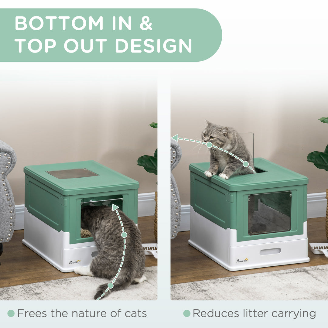 PawHut Top Entry Enclosed Kitty Litter Box with Scoop, Tray, Front Entry, Large Space, Foldable, Portable, Grey