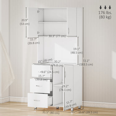 HOMCOM Freestanding Kitchen Buffet with Hutch Storage Organizer with 2 Door Cabinets, 3 Drawers and Open Countertop, Adjustable Shelf for Dining Room Pantry, White