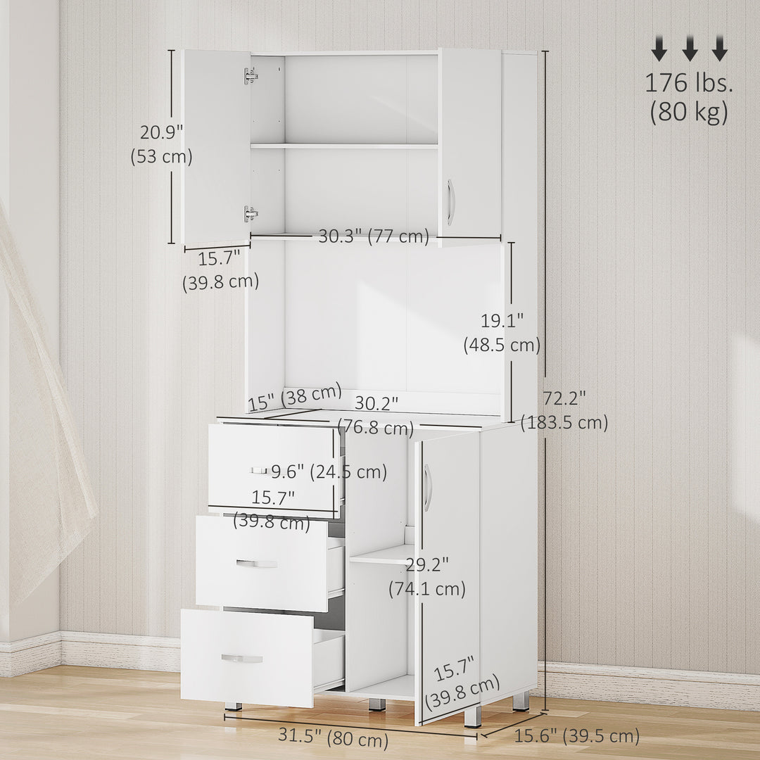 HOMCOM Freestanding Kitchen Buffet with Hutch Storage Organizer with 2 Door Cabinets, 3 Drawers and Open Countertop, Adjustable Shelf for Dining Room Pantry, White