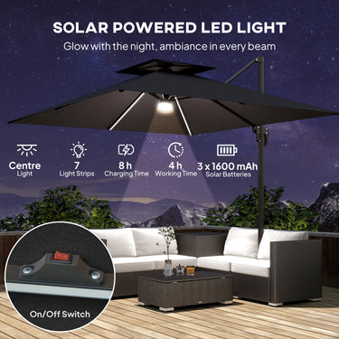 Outsunny 8' Cantilever Patio Umbrella with LED Lights, 360°Rotation, Tilt & Height Adjustment, Crank, Cross Base, Dark Grey