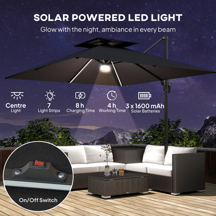 Outsunny 8' Cantilever Patio Umbrella with LED Lights, 360°Rotation, Tilt & Height Adjustment, Crank, Cross Base, Dark Grey