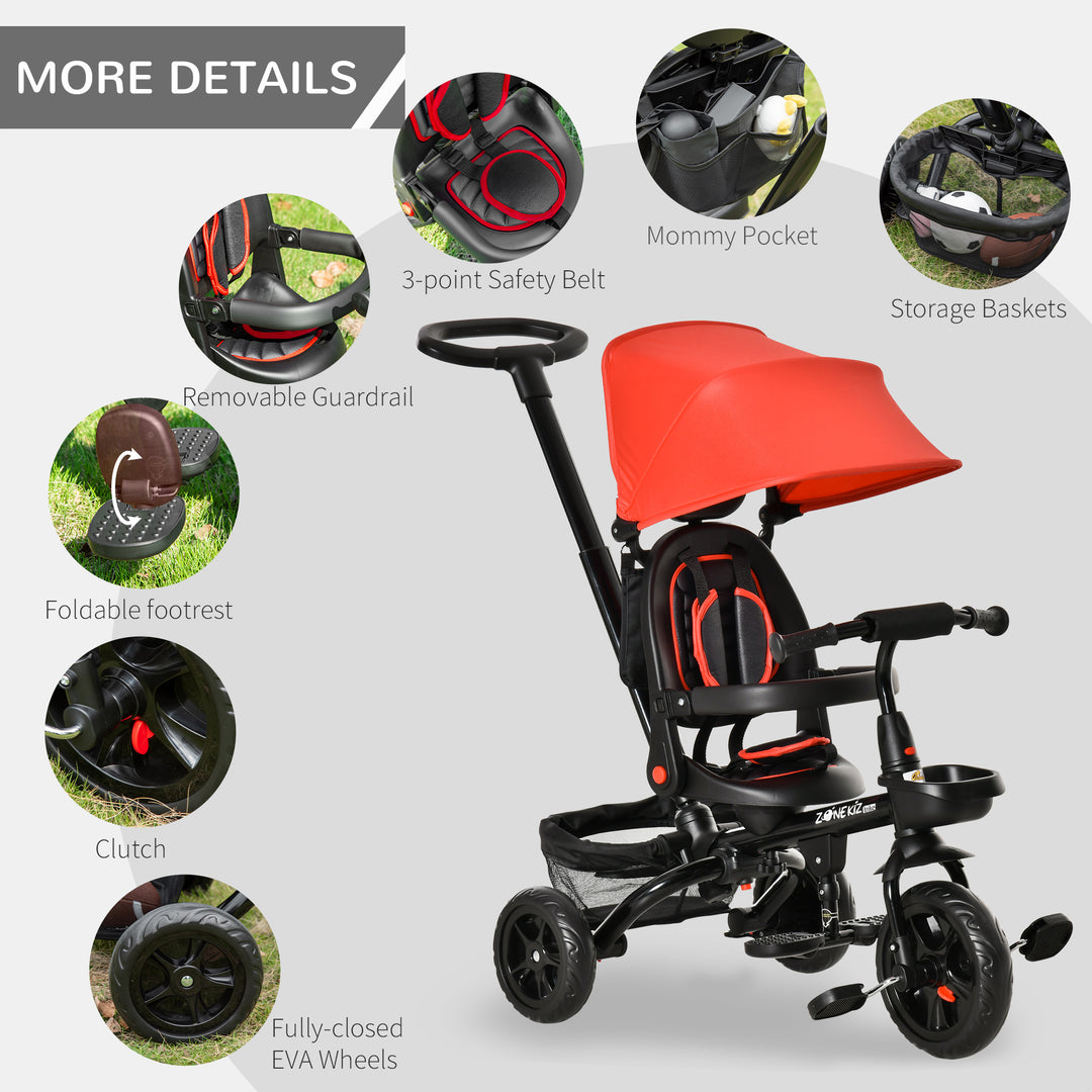 Qaba Tricycle for Toddler 4 in 1 Kids Trike with Reversible Adjustable Seat, Baby Push Bike with Removable Handle, Canopy, Belt Storage Brake Clutch for 1-5 Years, Red
