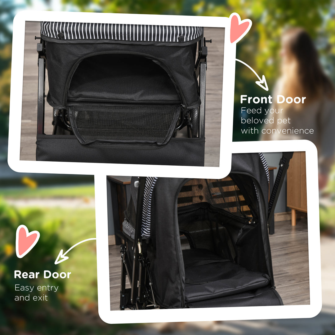 PawHut Foldable Cat Dog Travel Carriage, 4 Wheels Pet Stroller with EVA Wheel Brake, 3-stage Canopy, Mesh Window Door, Black