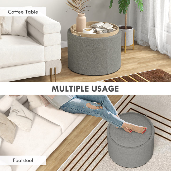 HOMCOM Round Coffee Table, End Table with Hidden Storage and Tray Top, Linen Upholstered Footrest for Living Room