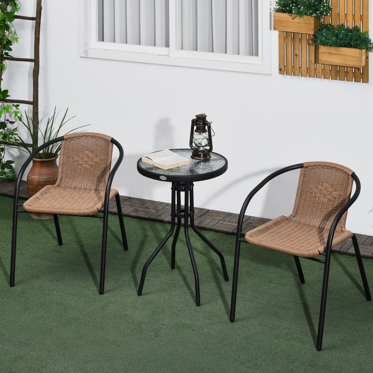 Outsunny 3 Pieces Outdoor Wicker Furniture Set with 2 Stackable Chairs, Tempered Glass Coffee Table for Garden, Backyard, Black