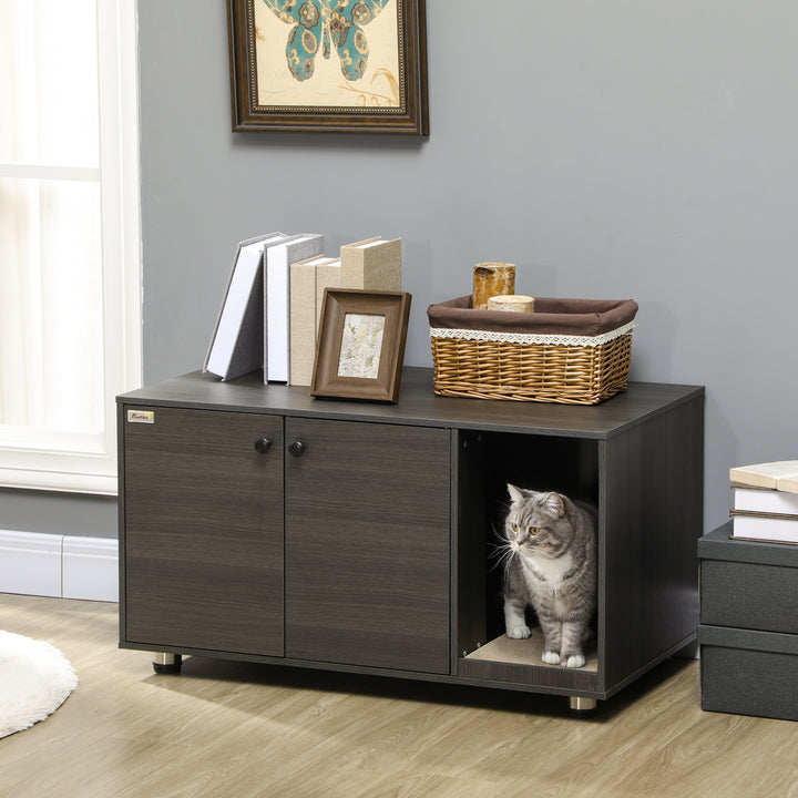 PawHut Litter Box Furniture Hidden Cat Washroom Furniture with Double Doors and Scratching Pad, Black