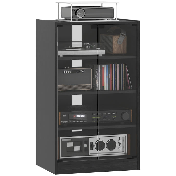 HOMCOM 5-Tier AV Media Stand with Push to Open Glass Doors, Audio-Video Storage Cabinet with Adjustable Shelves for DVD Players, Games Consoles, Routers, Distressed Black