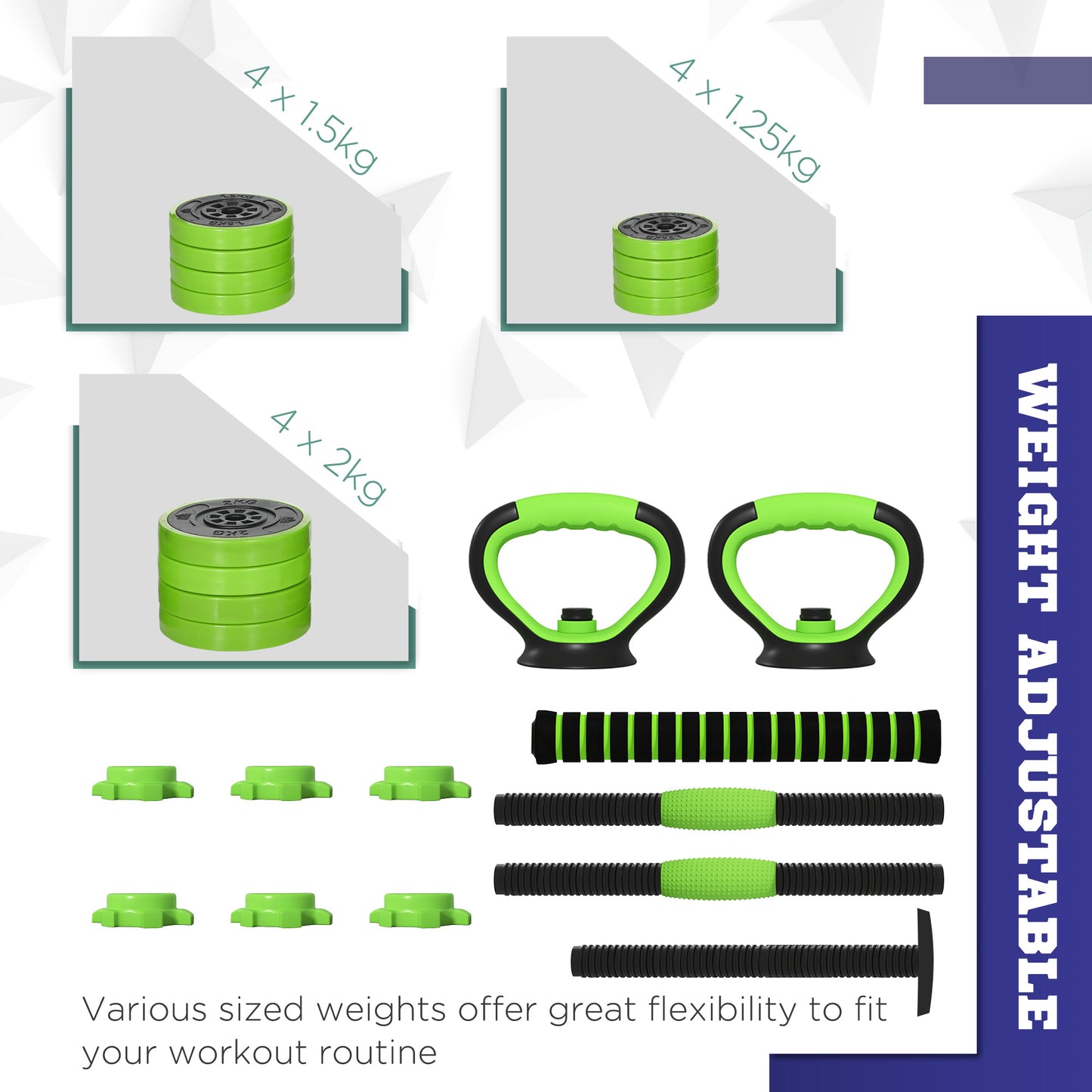 Soozier 88lbs 4-in-1 Adjustable Weight Dumbbell Set, Barbell, Kettlebell, Push Up Stand, Green