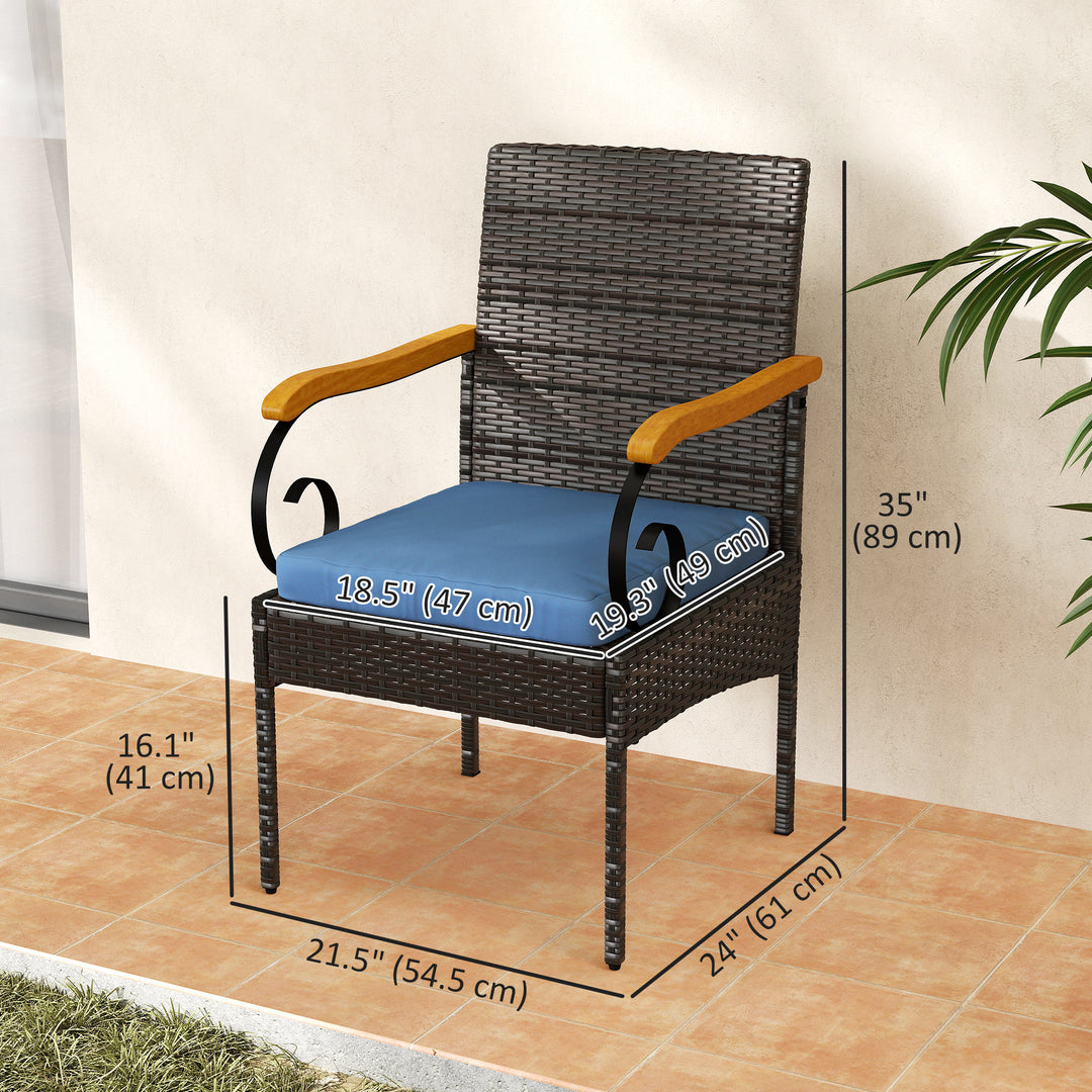 Outsunny Set of 2 Rattan Outdoor Dining Chairs, Wicker Patio Chairs with Removable Cushion, Acacia Wood Armrests, Light Grey