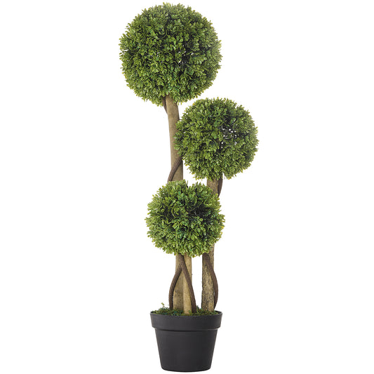 HOMCOM 3FT Potted Fake Plant, Artificial Boxwood Topiary Tree, Triple Ball Tree for Indoor and Outdoor, Green