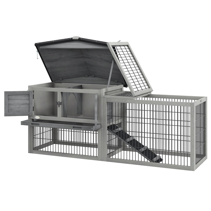 PawHut Wood Rabbit Hutch w/ Ramp, Openable Roof, Pull-out Tray, Light Grey