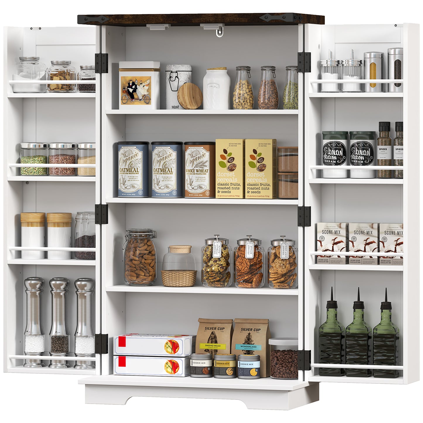 HOMCOM Farmhouse Kitchen Pantry Storage Cabinet, Kitchen Pantry Cabinet with Doors and Adjustable Shelves, White