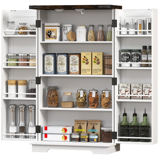 HOMCOM Farmhouse Kitchen Pantry Storage Cabinet, Kitchen Pantry Cabinet with Doors and Adjustable Shelves, White