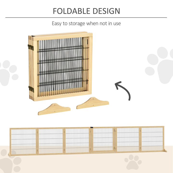 PawHut Wooden Pet Gate, Dog Safety Barrier, Freestanding Foldable Fence, w/ 6 Panels, 2 Support Feet, for House Doorway Stairs, Small & Medium Dogs, Coffee