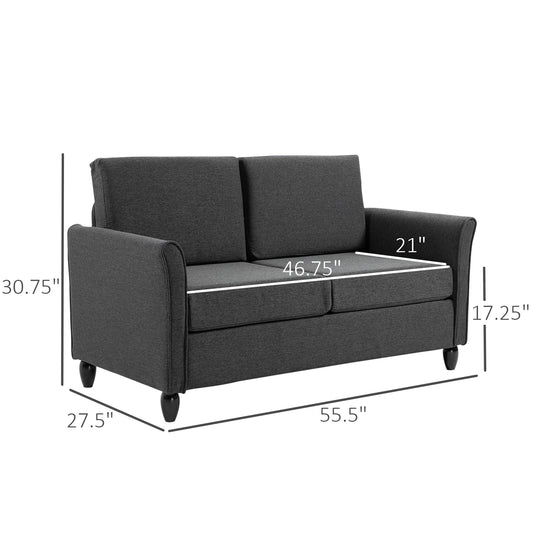 HOMCOM 2-Seat Sofa Two-Seater Couch with Armrests and Wood Legs for Living Room, Bedroom, Dark Grey