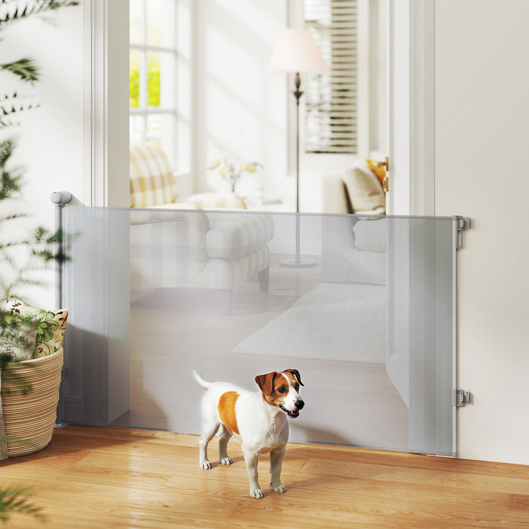 PawHut Retractable Dog Gate Extends Up to 55" Wide, 34" Tall, for Stairs, Doorways, Hallways, Indoor and Outdoor, Grey