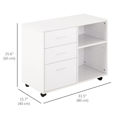 HOMCOM Modern Lateral Filing Cabinet, 3 Drawer File Cabinet for Letter and A4 Size Documents, Mobile, Printer Stand with Open Shelves, Rolling Wheels, White