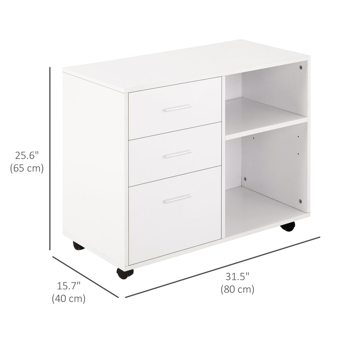 HOMCOM Modern Lateral Filing Cabinet, 3 Drawer File Cabinet for Letter and A4 Size Documents, Mobile, Printer Stand with Open Shelves, Rolling Wheels, White