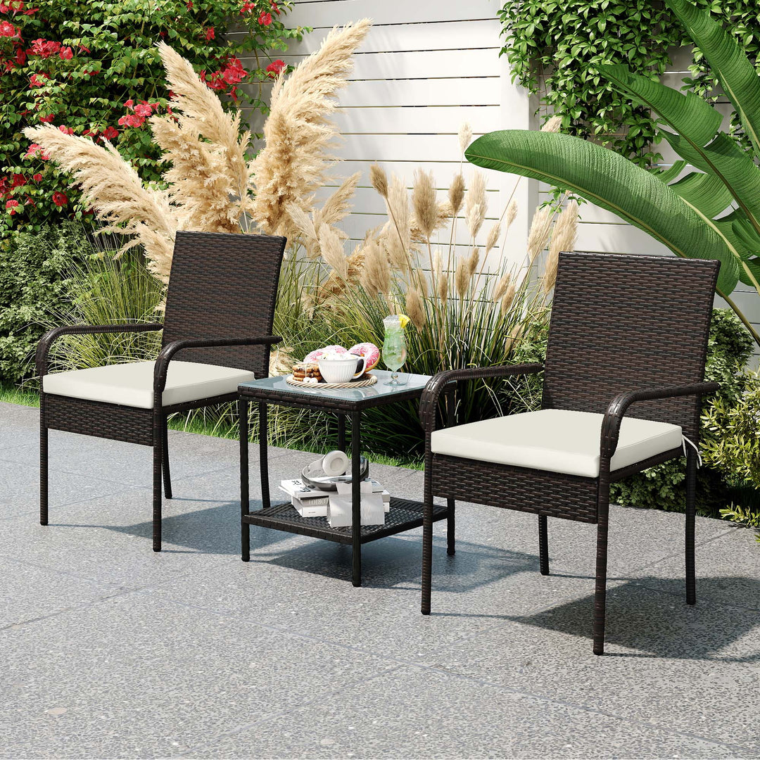 Outsunny 3 Piece Wicker Patio Furniture Set with Stackable Chairs, Washable Cushion, Tempered Glass Top, for Backyard, Brown
