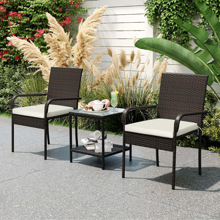Outsunny 3 Piece Wicker Patio Furniture Set with Stackable Chairs, Washable Cushion, Tempered Glass Top, for Backyard, Brown