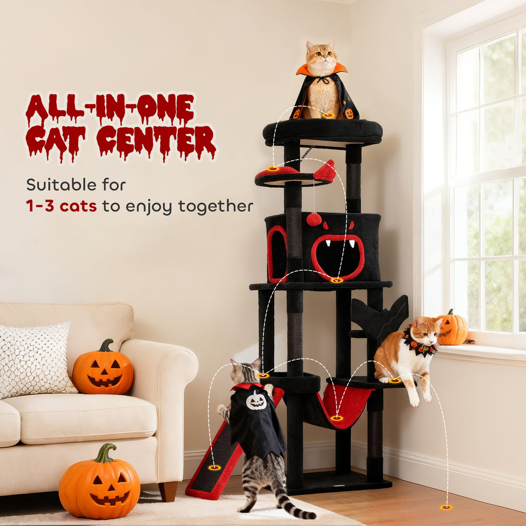 PawHut Gothic Cat Tree, 60" Tall Cat Tower with Coffin Bed,  Sisal Scratching Posts & Ramp, Condo, Hammock, Perches, Black