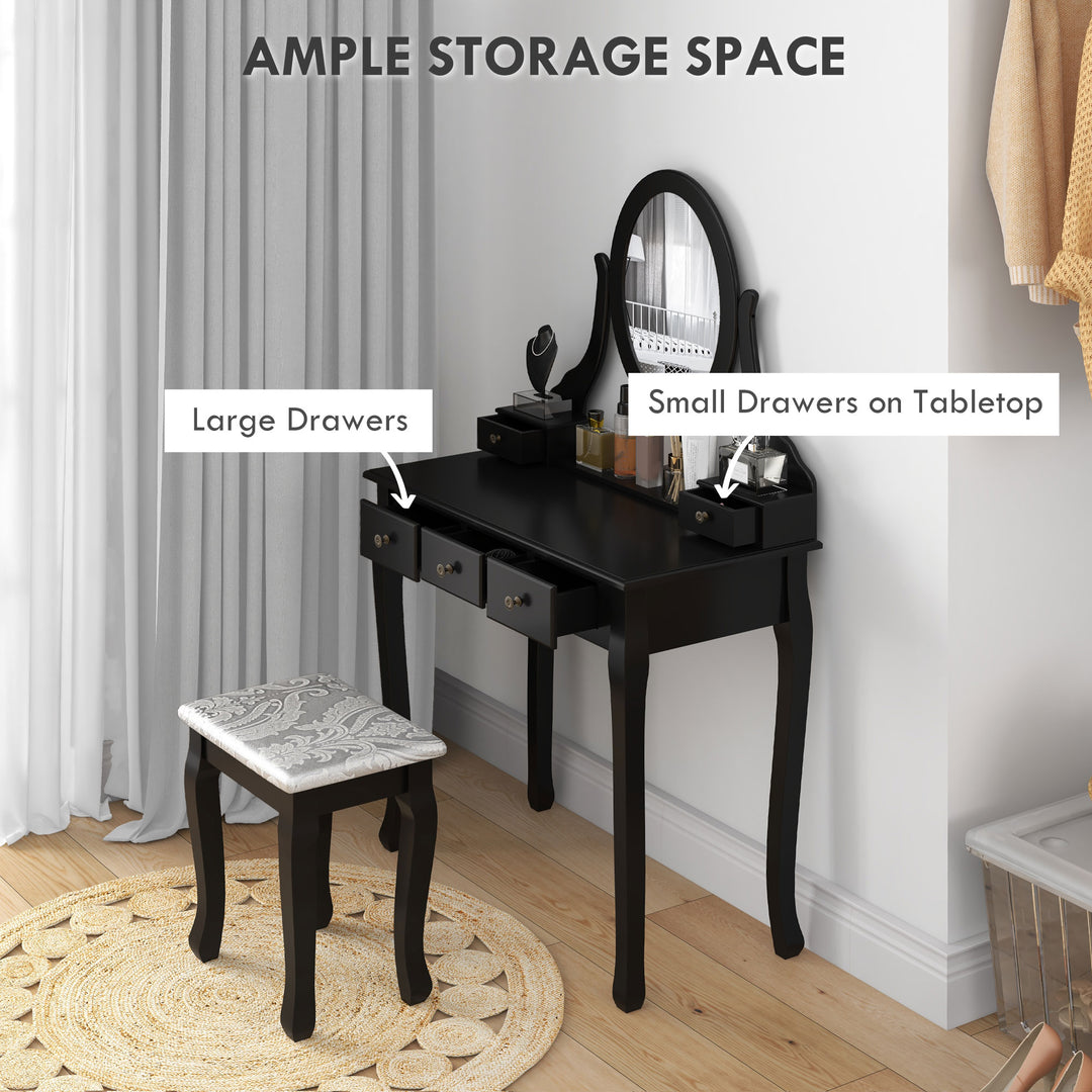 HOMCOM Vanity Table with Stool, Makeup Vanity with 360° Rotating Oval Mirror, 5 Drawers and Padded Seat, Dressing Table for Bedroom, Black
