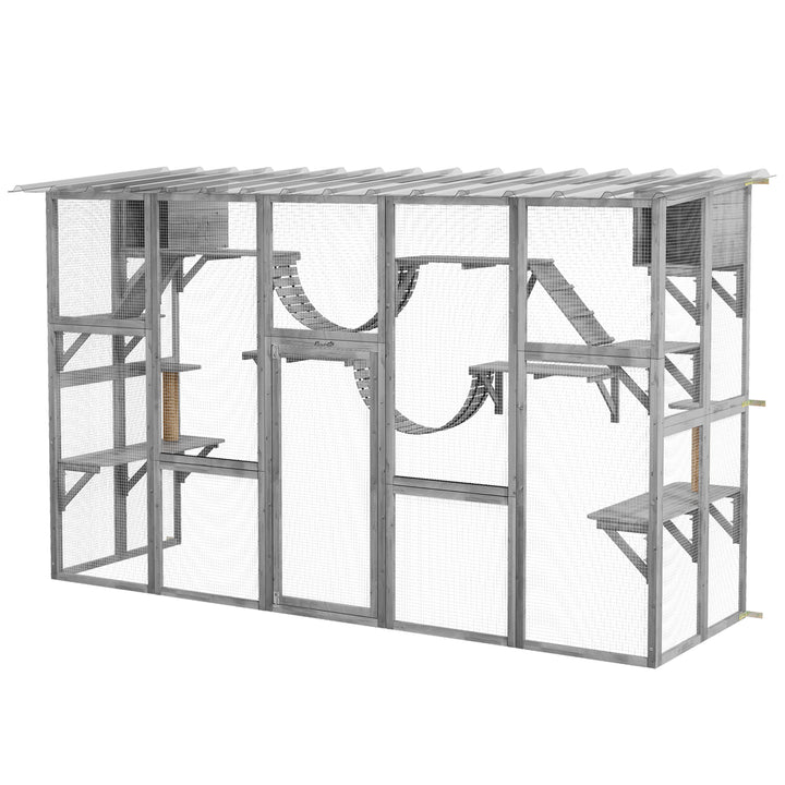 PawHut Large Outdoor Catio with Condos, Platforms, Doors, Ladders, Weather-Resistant Roof, Orange