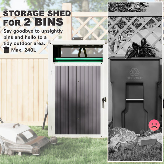 Outsunny Double Garbage Bin Shed, Lockable Outdoor Storage Shed with Openable Lid, Galvanized Frame for Garden Patio, Dark Grey