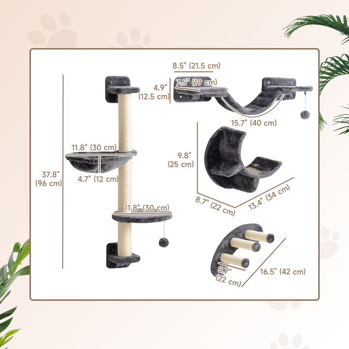 PawHut 4Pcs Cat Wall Shelf with Scratching Post, Cat Wall Shelves for Relaxing, Climbing, Cat Wall With Soft Ladder, Hammock, Play Balls, Grey