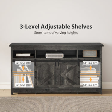 HOMCOM TV Stand with Power Outlets, Sliding Barn Doors and Adjustable Shelves for 72 Inch TVs, Dark Grey