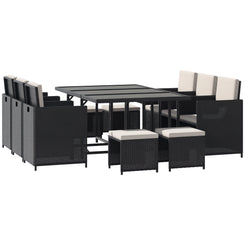 Outsunny 11 Pieces Wicker Patio Dining Set, Space-saving Outdoor Furniture Set with Removable Cushions, Glass Top Dining Table, 6 Armchairs, 4 Ottomans, PE Rattan Conversation Set