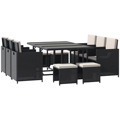 Outsunny 11 Pieces Wicker Patio Dining Set, Space-saving Outdoor Furniture Set with Removable Cushions, Glass Top Dining Table, 6 Armchairs, 4 Ottomans, PE Rattan Conversation Set