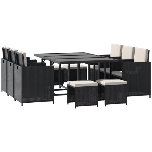 Outsunny 11 Pieces Wicker Patio Dining Set, Space-saving Outdoor Furniture Set with Removable Cushions, Glass Top Dining Table, 6 Armchairs, 4 Ottomans, PE Rattan Conversation Set