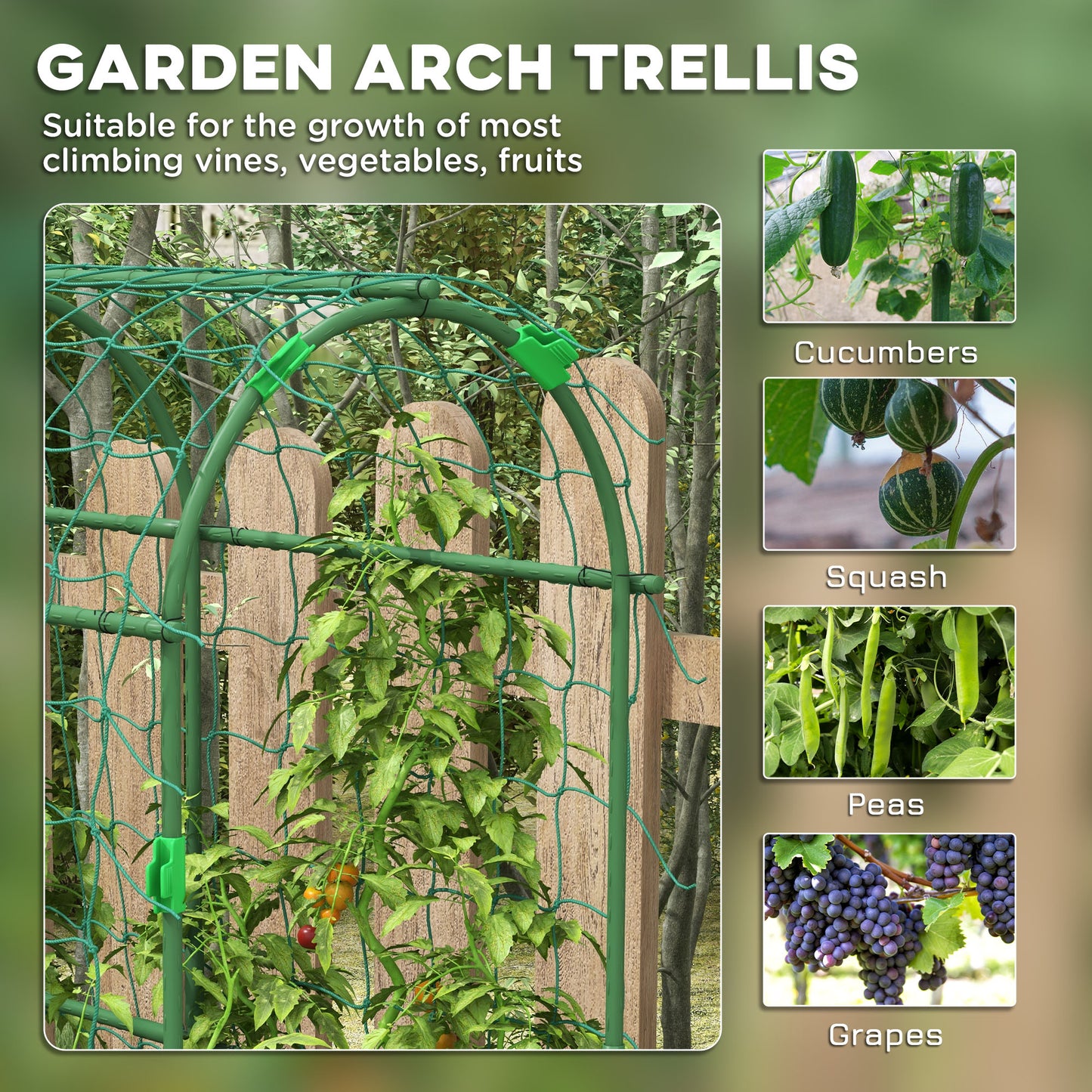 Outsunny Arched Garden Trellis w/ Climbing Net Metal Cucumber Plant Trellis A-Frame for Climbing Plants 57" x 66" x 81"