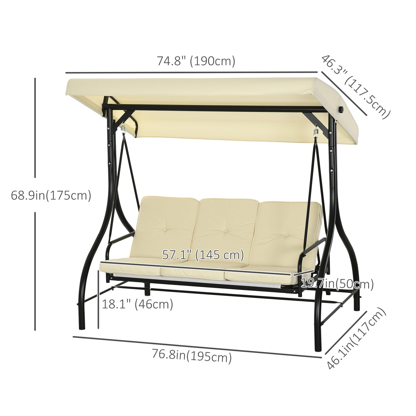 Outsunny Convertible Patio Swing Bed with Canopy and Cushions, 3 Seater Porch Swing for Outdoor, Backyard, Garden, Cream White
