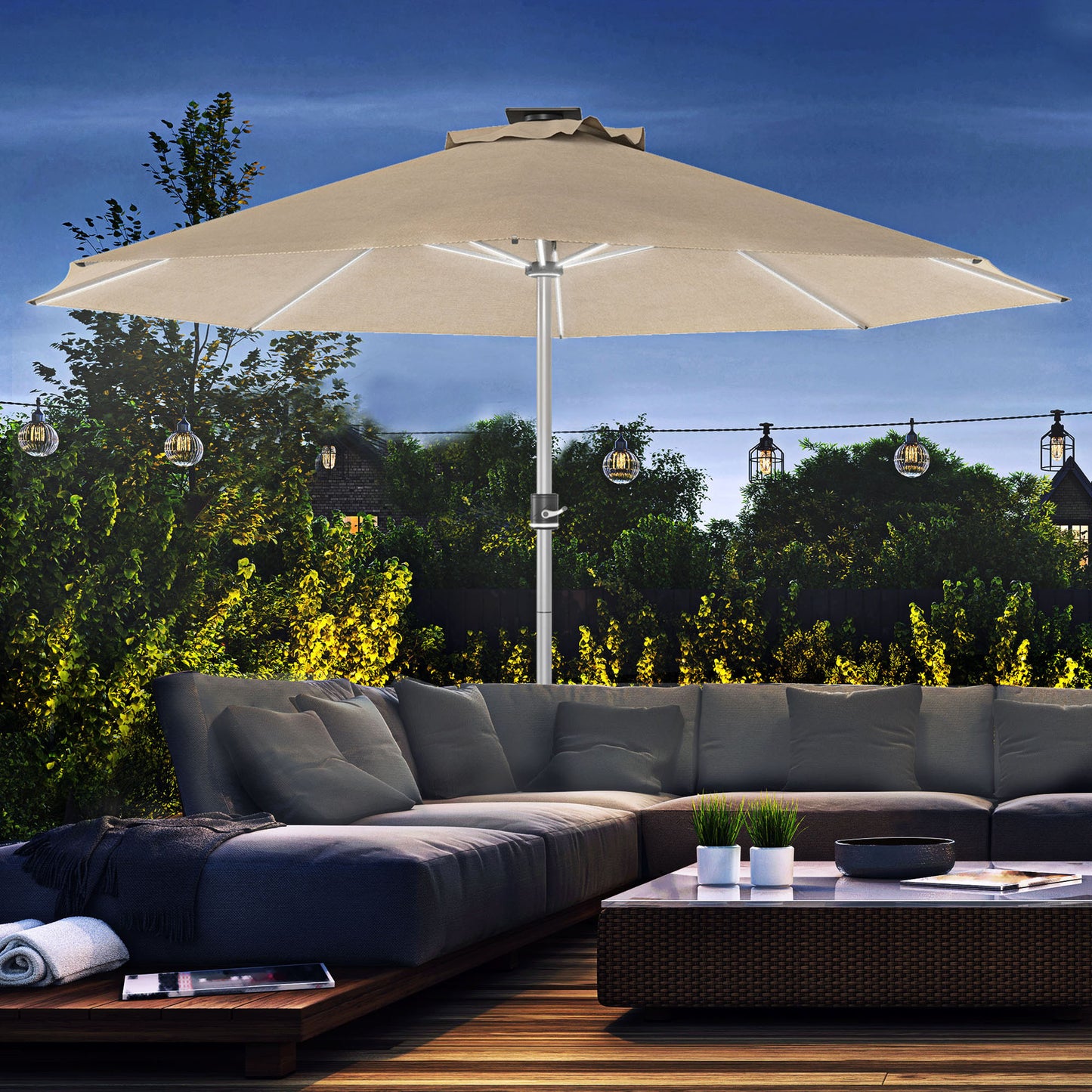 Outsunny LED Patio Umbrella, Lighted Deck Umbrella with 4 Lighting Modes, Solar & USB Charging, Charcoal Grey