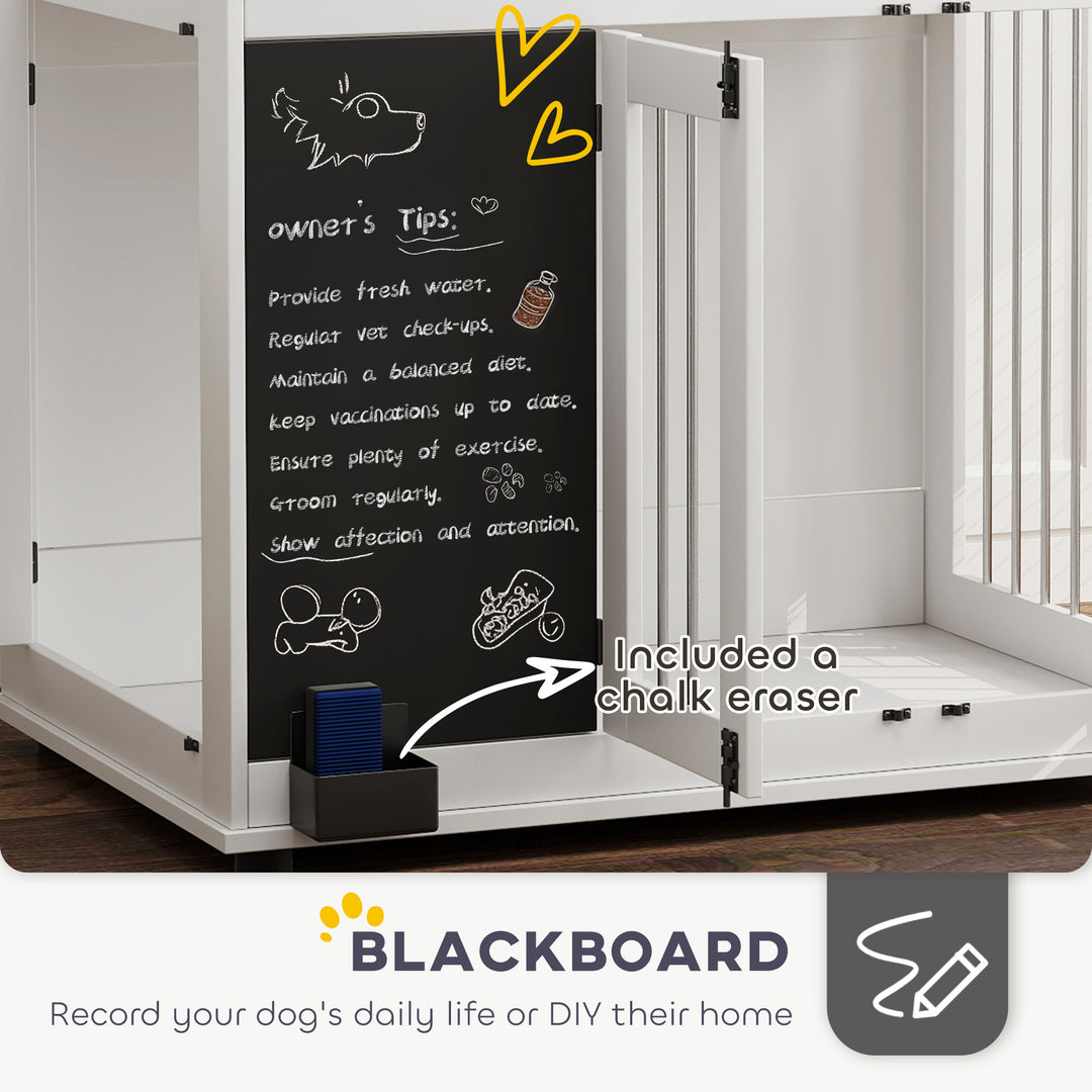 PawHut 39" Dog Crate Furniture Side End Table for Large Dogs w/ Blackboard, Three Doors, White