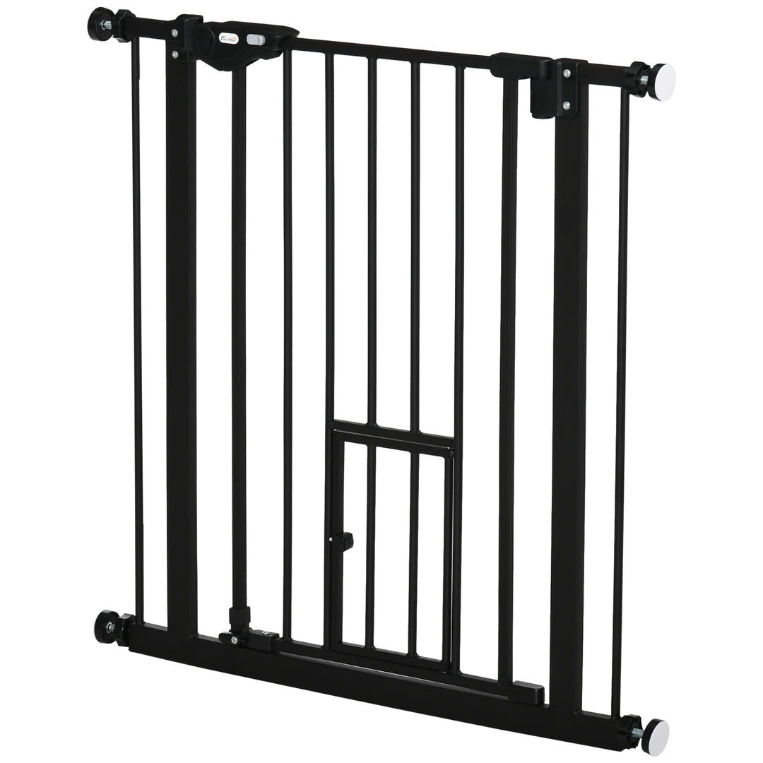 PawHut Retractable Gate Extra Wide Press-Mounted with Cat Door, Auto Closing Pet Gate for Stair, Hallway, 29-32 Inch