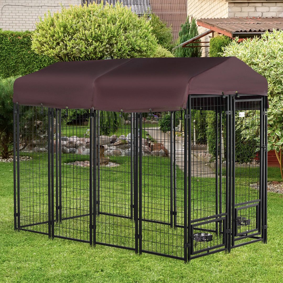 PawHut Outdoor Dog Kennel, Lockable Pet Playpen Crate, Welded Wire Steel Fence, Rotating Bowl Holders, Green
